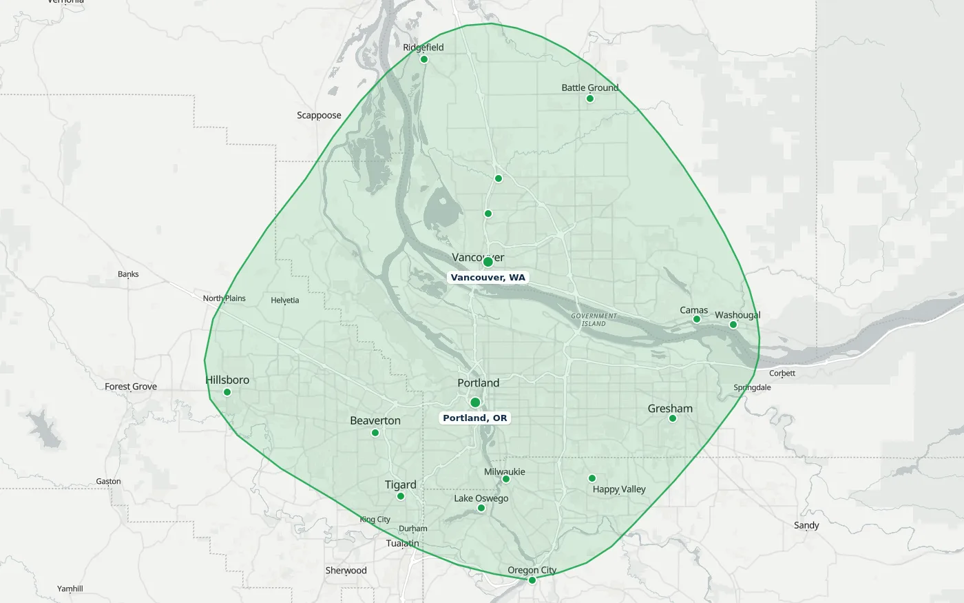 Map of the Portland, OR – Vancouver, WA metro with the HANDY TEAM PRO service coverage area outlined and markers on the 16 service cities